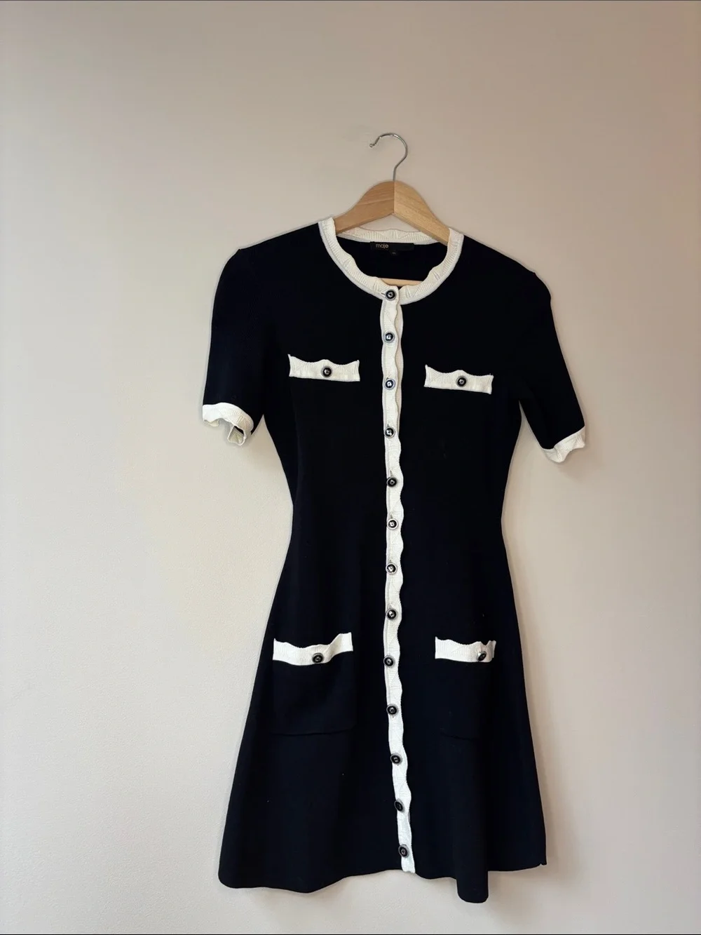 Maje Black Mini Dress with White Contrast Trim